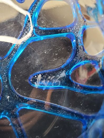 Studio Art Glass Coral Network Bowl Signed Blue Fused Glass Centerpiece