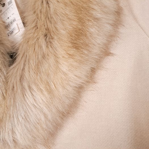 Zara Beige Cream Faux Fur Collar Belted Wrap Long Wool Coat Size L