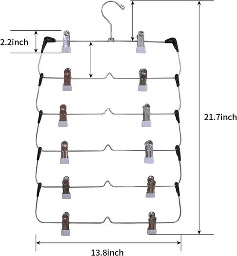 6 Tier Trouser Hangers with Clips, Hangerman 2 Pack Strong & Durable Chrome Metal Skirt Hangers - Space Saving, Multi Hanger with Non Slip Adjustable Clip for Trousers, Hang Skirts Pants Jeans
