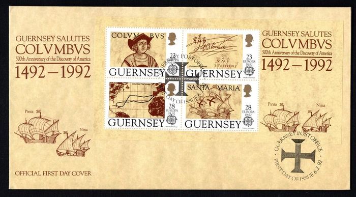 1992 Guernsey Europa 500th Anniversary of Discovery of America by Columbus Commemorative Stamps Miniature Sheet Official First Day Cover (FDC)