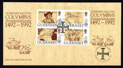 1992 Guernsey Europa 500th Anniversary of Discovery of America by Columbus Commemorative Stamps Miniature Sheet Official First Day Cover (FDC)