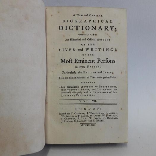 A New and General Biographical Dictionary; Containing an Historical and Critical Account of the Lives and Writings of the Most Eminent Persons in Every Nation; Particularly the British and Irish (4 Volumes) Published 1761 & 1762 - First Editions (AB50
