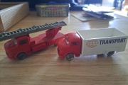 vintage lego Mercedes delivery truck and Mercedes firetruck 1964 light mast 1958 and Esso sign from 1956