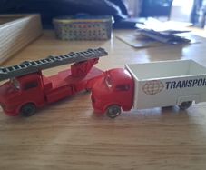 vintage lego Mercedes delivery truck and Mercedes firetruck 1964 light mast 1958 and Esso sign from 1956