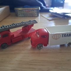 vintage lego Mercedes delivery truck and Mercedes firetruck 1964 light mast 1958 and Esso sign from 1956