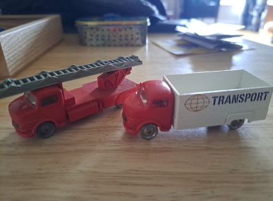 vintage lego Mercedes delivery truck and Mercedes firetruck 1964 light mast 1958 and Esso sign from 1956