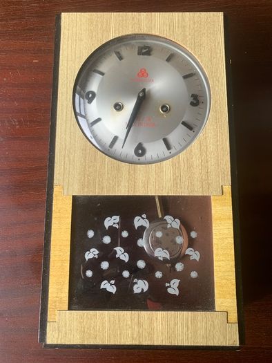 Vintage Mechanical wall clock with key, mid century retro wooden chime clock Antique wall decor Collectible Timepiece