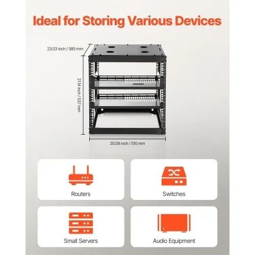 10U Open Frame Network Rack, 585 mm Depth, Wall Mounted or Floor Standing Server Rack, Heavy Duty 4 Post, with Vented Shelves & Mounting Hardware