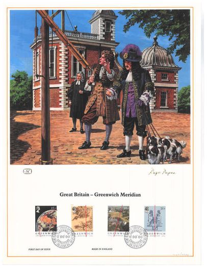 1984 Great Britain Limited Edition Lithographed Print measuring 333mm X 257mm showing Greenwich Meridian Commemorative stamps with First Day of Issue Cancel