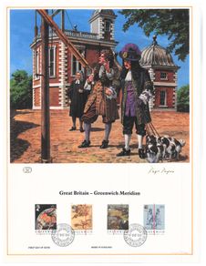 1984 Great Britain Limited Edition Lithographed Print measuring 333mm X 257mm showing Greenwich Meridian Commemorative stamps with First Day of Issue Cancel