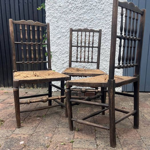 Set of 3 Vintage Solid Wood Rush Seat Farmhouse Dining Chairs