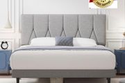 Small Double Bed Frame, Light Grey, Upholstered Wooden Slat Bed Frame with Headboard