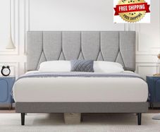 Small Double Bed Frame, Light Grey, Upholstered Wooden Slat Bed Frame with Headboard