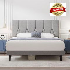 Small Double Bed Frame, Light Grey, Upholstered Wooden Slat Bed Frame with Headboard