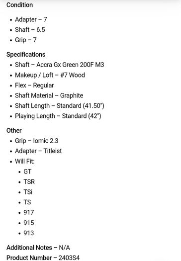 Accra Gx Green 200F M3 Regular #7 Wood Shaft / Titleist 2nd Gen