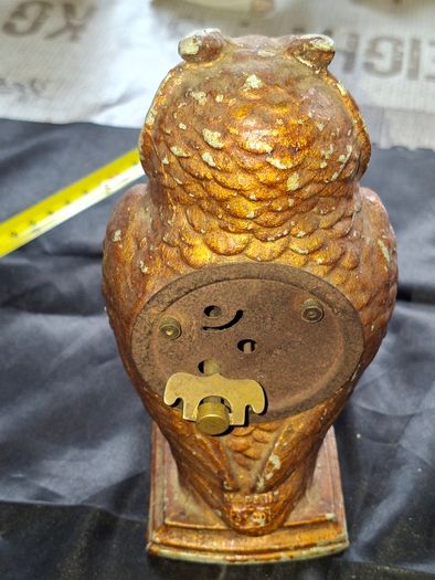 Rare Antique Cold Painted Bronze Clock in form of an Owl. The decorative dial sits in the owls belly and has wind up movement,