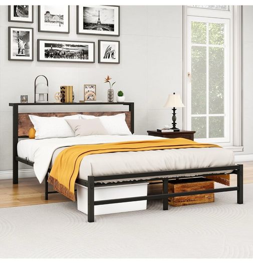 King Size bed frame With Wood Storage Headboard