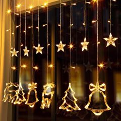 Curtain Fairy Lights, 138 LED Stars Curtain String Lights with Christmas Tree Reindeer Bell 8 Flash Modes Plug in Indoor Outdoor Decoration Lightning Christmas 2.3M/7.5ft Warm White (FREE POSTAGE)