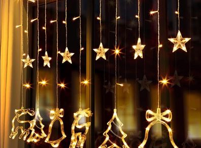 Curtain Fairy Lights, 138 LED Stars Curtain String Lights with Christmas Tree Reindeer Bell 8 Flash Modes Plug in Indoor Outdoor Decoration Lightning Christmas 2.3M/7.5ft Warm White (FREE POSTAGE)