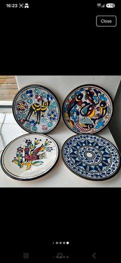 Vintage Tunisian ceramic wall plates set of 4 hand painted Nabeul pottery colorful Mediterranean