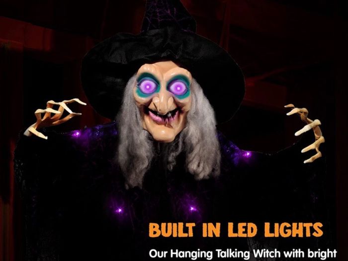 72 Inch Hanging Animated Talking Witch Decoration with Light-up Eyes and Sound Activation Function for Halloween Haunted House Prop