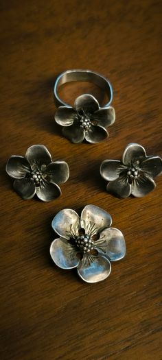 Silver set . Earrings, pendant, ring.
