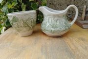 Green transferware , vintage English Ironstone Tableware ,sugar bowl and jug