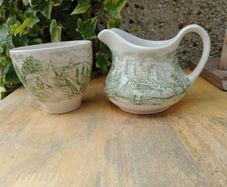 Green transferware , vintage English Ironstone Tableware ,sugar bowl and jug
