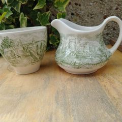 Green transferware , vintage English Ironstone Tableware ,sugar bowl and jug