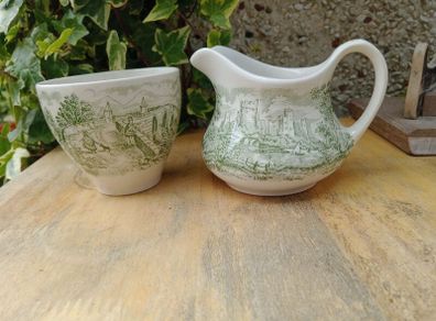Green transferware , vintage English Ironstone Tableware ,sugar bowl and jug