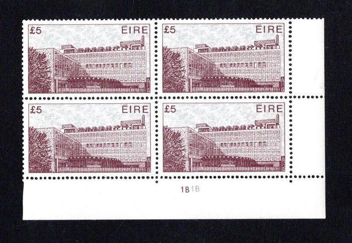 1982 Ireland Architecture Definitive (Third) Series IR5 Central Bus Station, Dublin Plate 1B1B Plate Block CCP1 Paper P1 Mint Never Hinged (MNH)