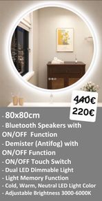 LED Bathroom Mirror 80cm Makeup Dual LED Bright  Bluetooth Speakers Antifog Degogger ON/OFF Touch Switch