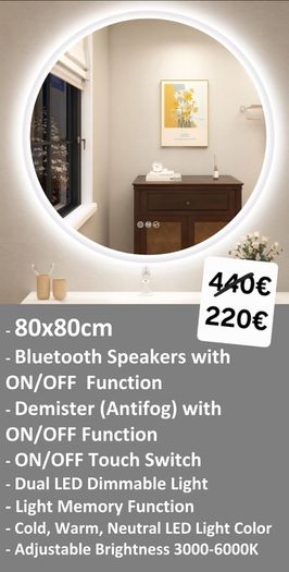LED Bathroom Mirror 80cm Demister Speakers Dual LED