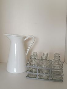 Decorative Vase and Bottle Bundle - Enamel Jug, Glass Cylinders and Mini Milk Bottles