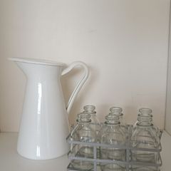 Decorative Vase and Bottle Bundle - Enamel Jug, Glass Cylinders and Mini Milk Bottles