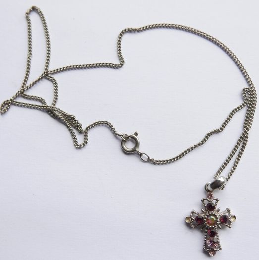 Vintage Silver Plated Cross With Multi-Color Stones Necklace length 20"