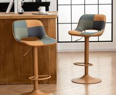 Bar Stools Set of 2, Boho Colorful Patchwork Barstools, Adjustable Swivel Counter Stools Faux Leather Upholstered Counter Chairs with Hollow Back, Bar Chair for Kitchen Island, Tan
