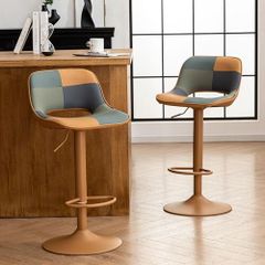 Bar Stools Set of 2, Boho Colorful Patchwork Barstools, Adjustable Swivel Counter Stools Faux Leather Upholstered Counter Chairs with Hollow Back, Bar Chair for Kitchen Island, Tan
