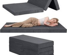 Folding Floor Mattress Single 190x90cm, 4-Fold High Density Foam Foldable Futon Mattress with Washable Cover, Wide Stripe Plush Portable Guest Bed for Travel Camping, Grey