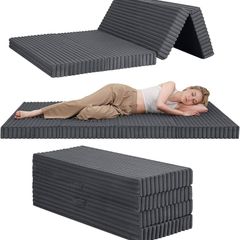 Folding Floor Mattress Single 190x90cm, 4-Fold High Density Foam Foldable Futon Mattress with Washable Cover, Wide Stripe Plush Portable Guest Bed for Travel Camping, Grey