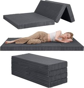 Folding Floor Mattress Single 190x90cm, 4-Fold High Density Foam Foldable Futon Mattress with Washable Cover, Wide Stripe Plush Portable Guest Bed for Travel Camping, Grey