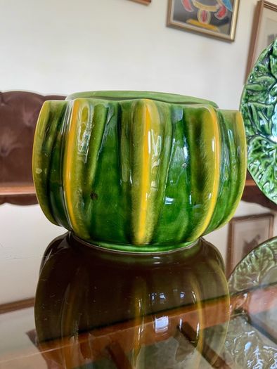Vintage Whimsical Green Yellow Melon Bowl Flower Pot Holder Olfaire Portugal