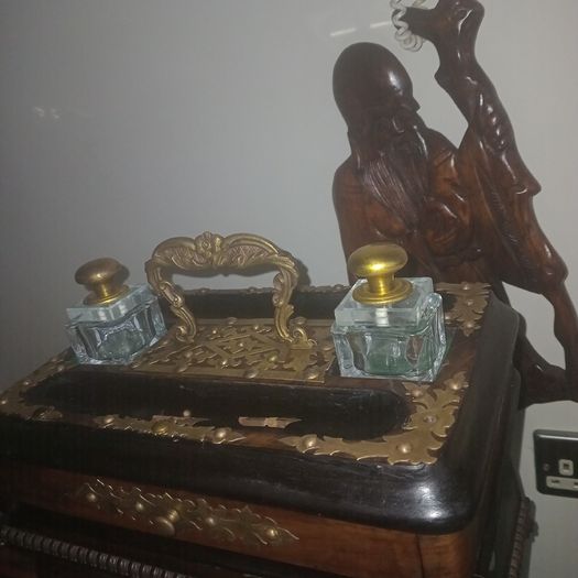Antique Walnut,Ebony and Pierced Brass Double Inkwell Desk Set.