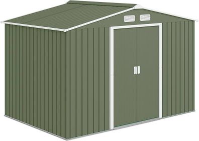 9 x 6ft Metal Garden Shed, Outdoor Storage Tool House with Ventilation Slots, Foundation Kit and Lockable Double Doors, Light Green
