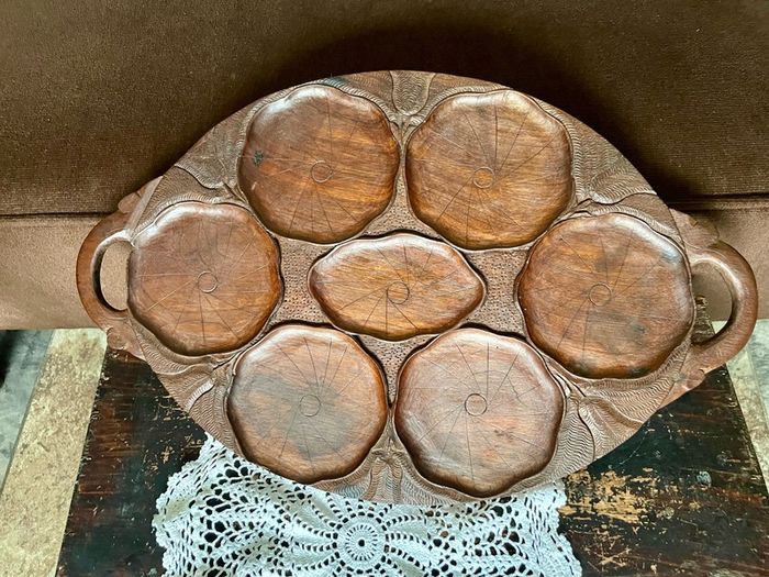 Superb Art Nouveau Style Vintage Handcarved Tray with Lilypad Design