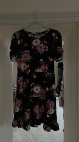 Black Floral Print Tiered Mini Dress with Puff Sleeves
