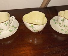 Belleek Shamrock Shaped Tea Cups & Sugar Basin