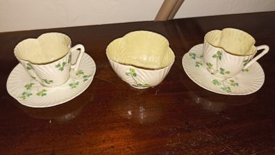 Belleek Shamrock Shaped Tea Cups & Sugar Basin