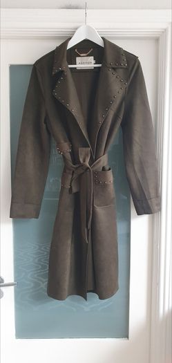 MADISON khaki midi length coat with stud detail open front with tie Sz L (12-16 UK) - Rrp 289 (New)