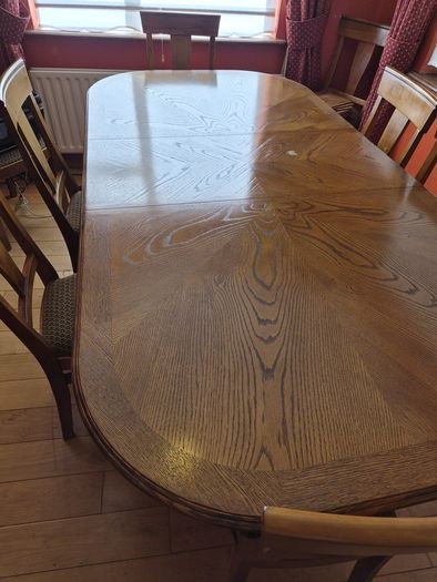 Oak dining table and 10 chairs